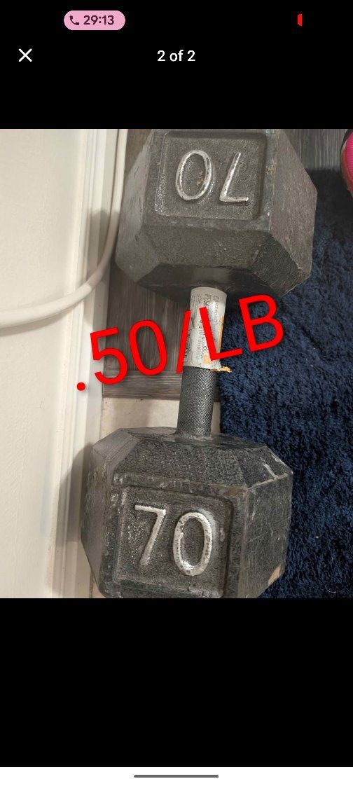 Hex Dumbbell - 65 & 70 lbs, Cast Iron, Used Fitness Weight .50/lb