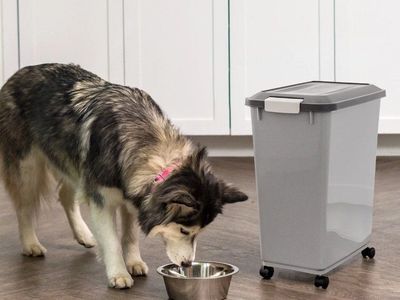 IRIS 40lbs Dog Food Storage Container with Wheels, 2-Cup Scoop, with lock seal lid Gray/Dark Gray