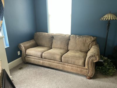 Free Used Brown 3-Seater Fabric Sofa Couch with Nailhead Trim