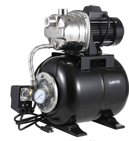 1 HP Shallow Well Jet Pump with 5-Gallon Pressure Tank  Stainless Steel130ft Lift, 20ft Automatic Pressure Switch (19/38 PSI)
