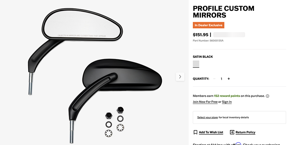 Harley Black Profile Mirrors for touring bikes