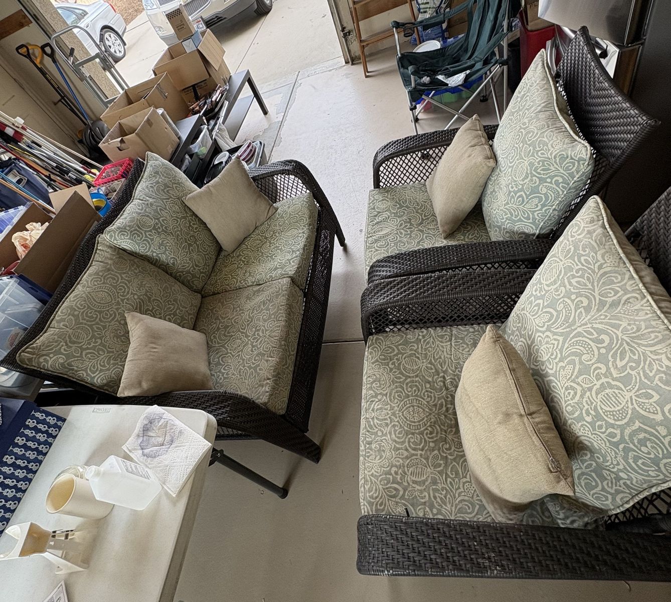 Brown Wicker Patio Loveseat and 2 chairs and cushions $500 cash/venmo in Draper