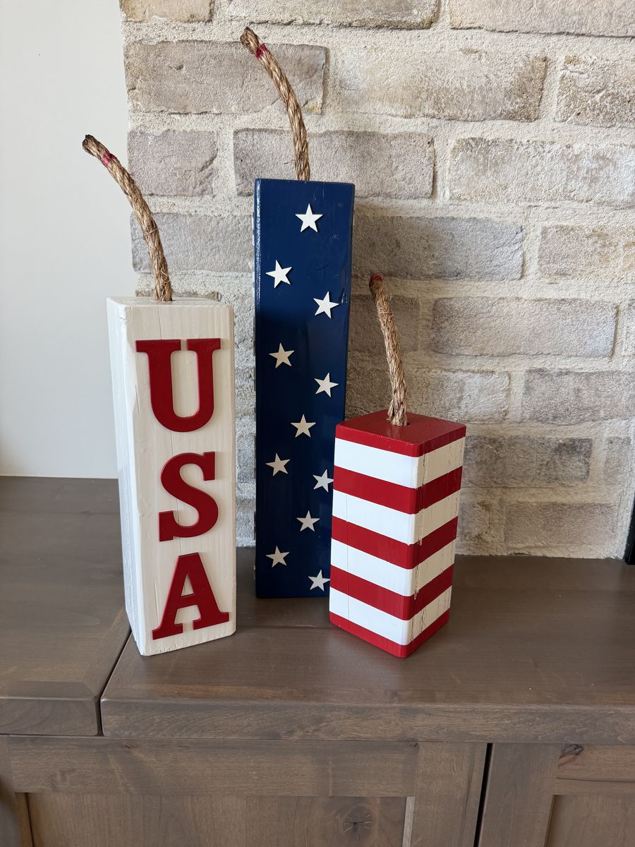 Indoor/Outdoor Handmade Patriotic Wood Block Set 12" 10" 6" USA Flag Decor