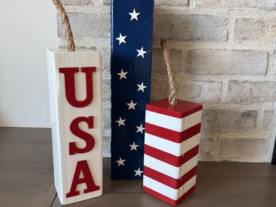 Indoor/Outdoor Handmade Patriotic Wood Block Set 12" 10" 6" USA Flag Decor