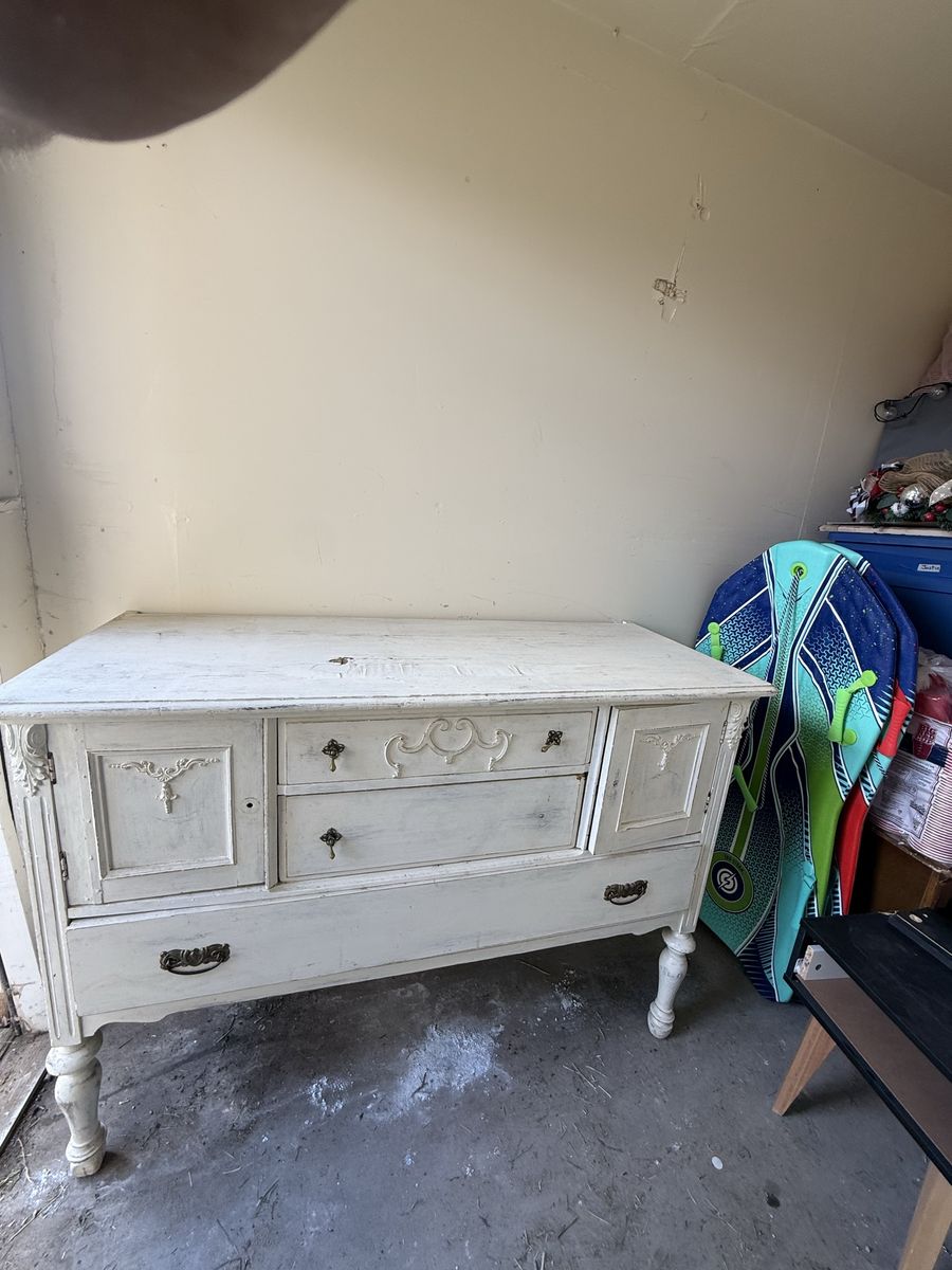 Vintage White Wooden Sideboard Buffet Cabinet with Drawers and Ornate Details