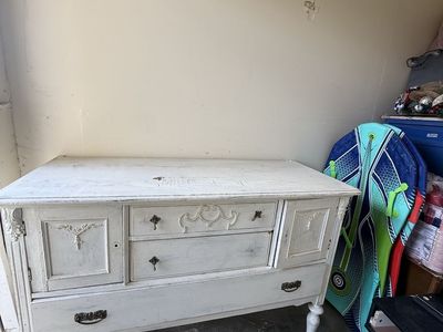 Vintage White Wooden Sideboard Buffet Cabinet with Drawers and Ornate Details