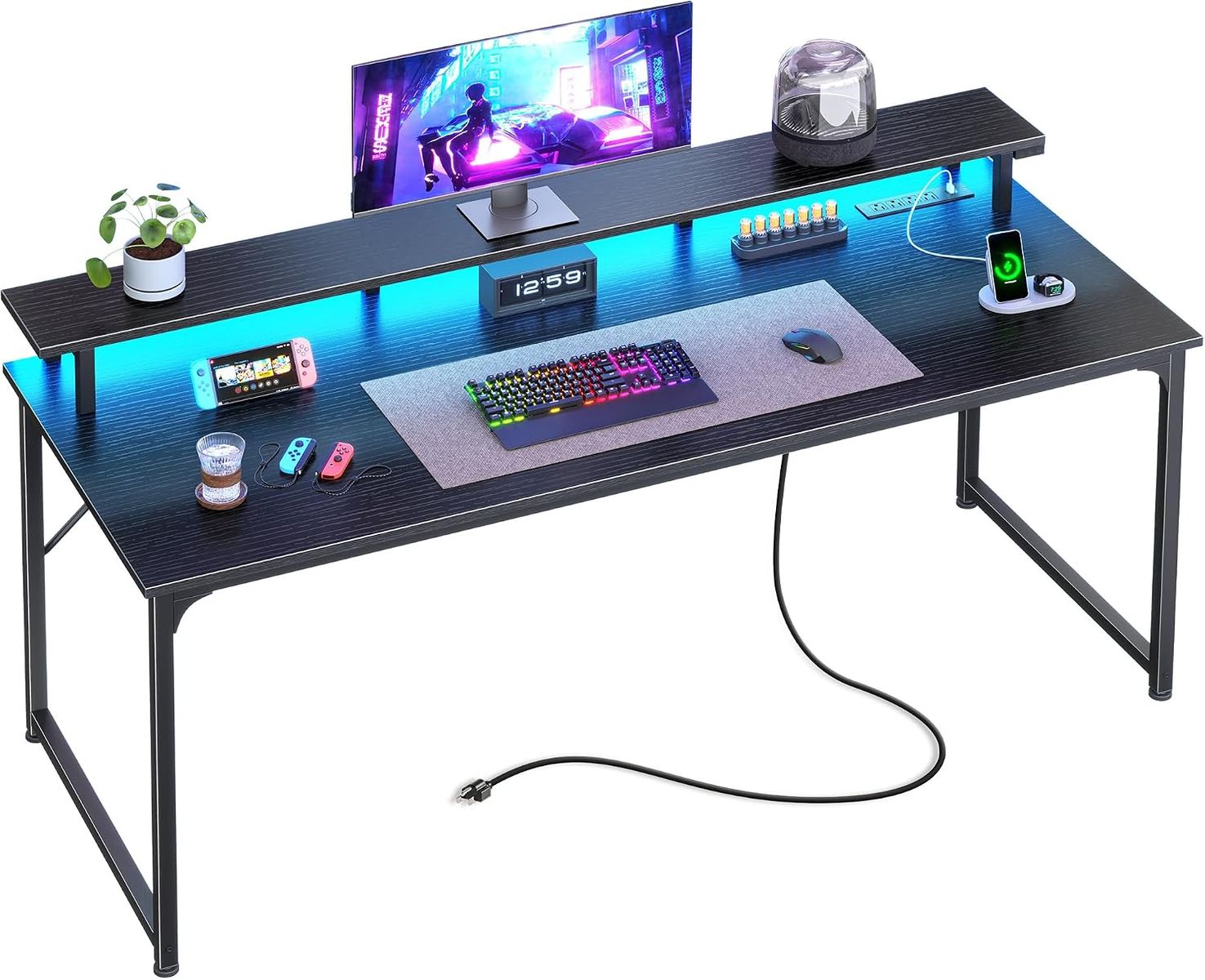 55 inch Computer / Gaming Desk - Monitor Shelf - LED - Power Outlets - Black