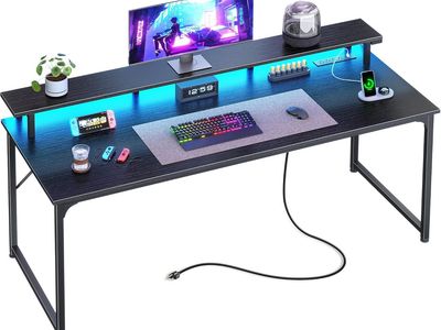 55 inch Computer / Gaming Desk - Monitor Shelf - LED - Power Outlets - Black