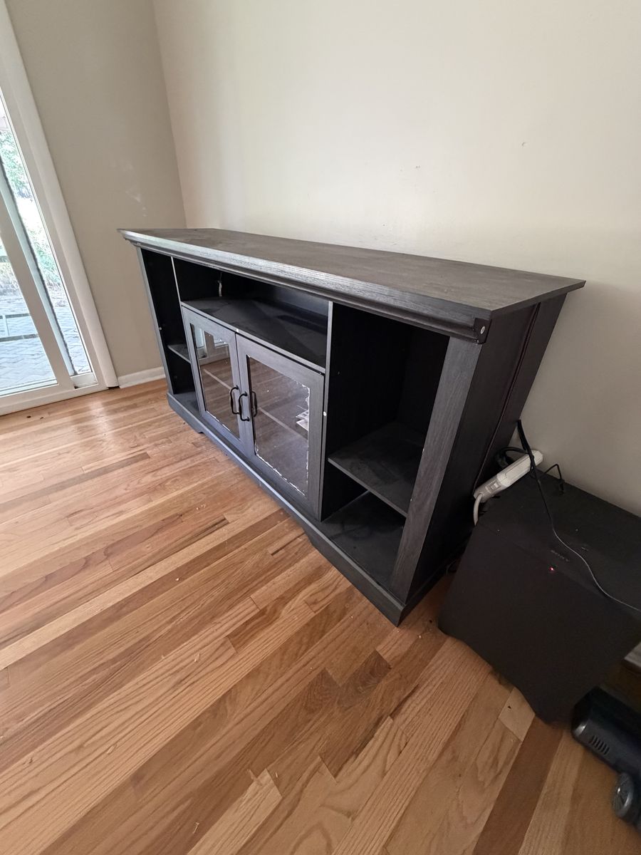 Dark Wood TV Stand Media Console with Glass Doors & Storage Shelves