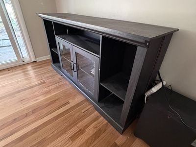 Dark Wood TV Stand Media Console with Glass Doors & Storage Shelves