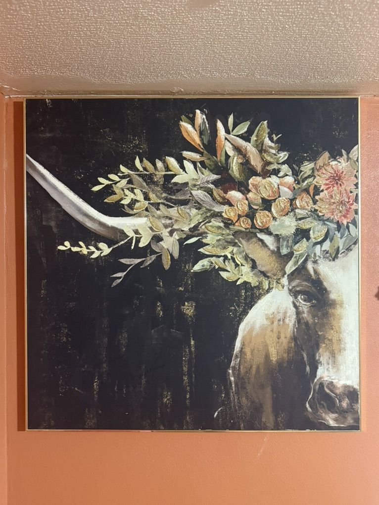 Painting of Longhorn Cow With Flowers