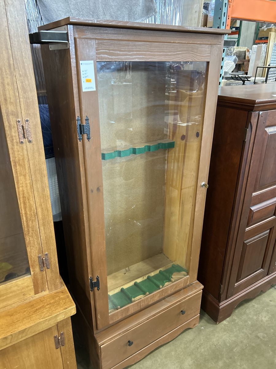 Wooden Glass Door Gun Cabinet Storage with Drawer, Displays Rifles/Shotguns