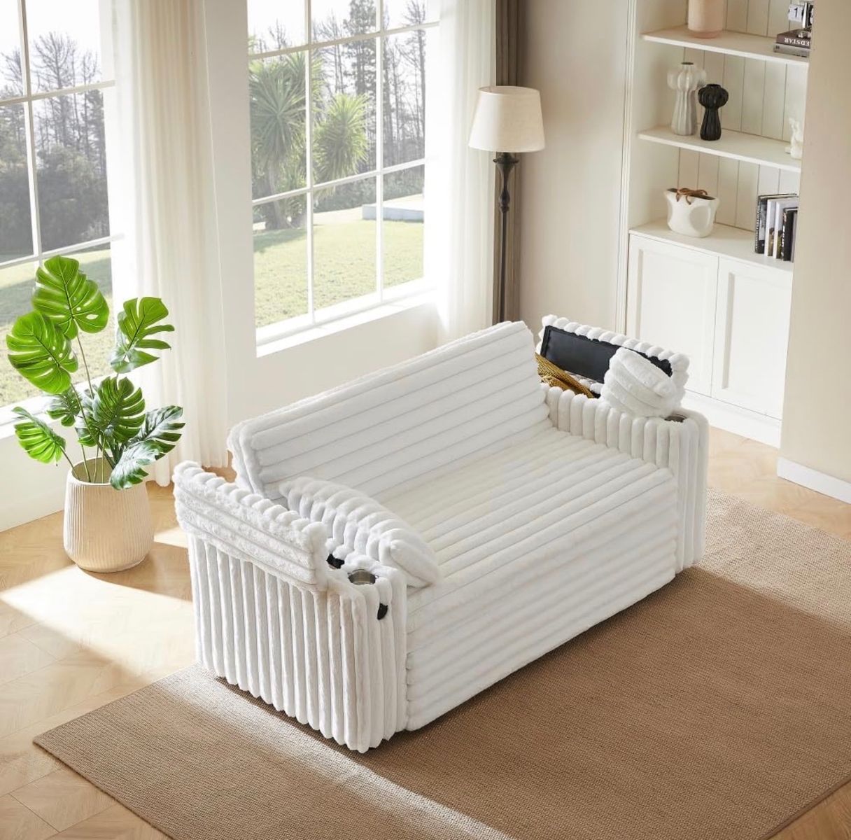 Brand new White Corduroy Convertible Sofa Bed w/ Cup Holders -