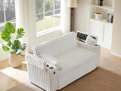 Brand new White Corduroy Convertible Sofa Bed w/ Cup Holders -