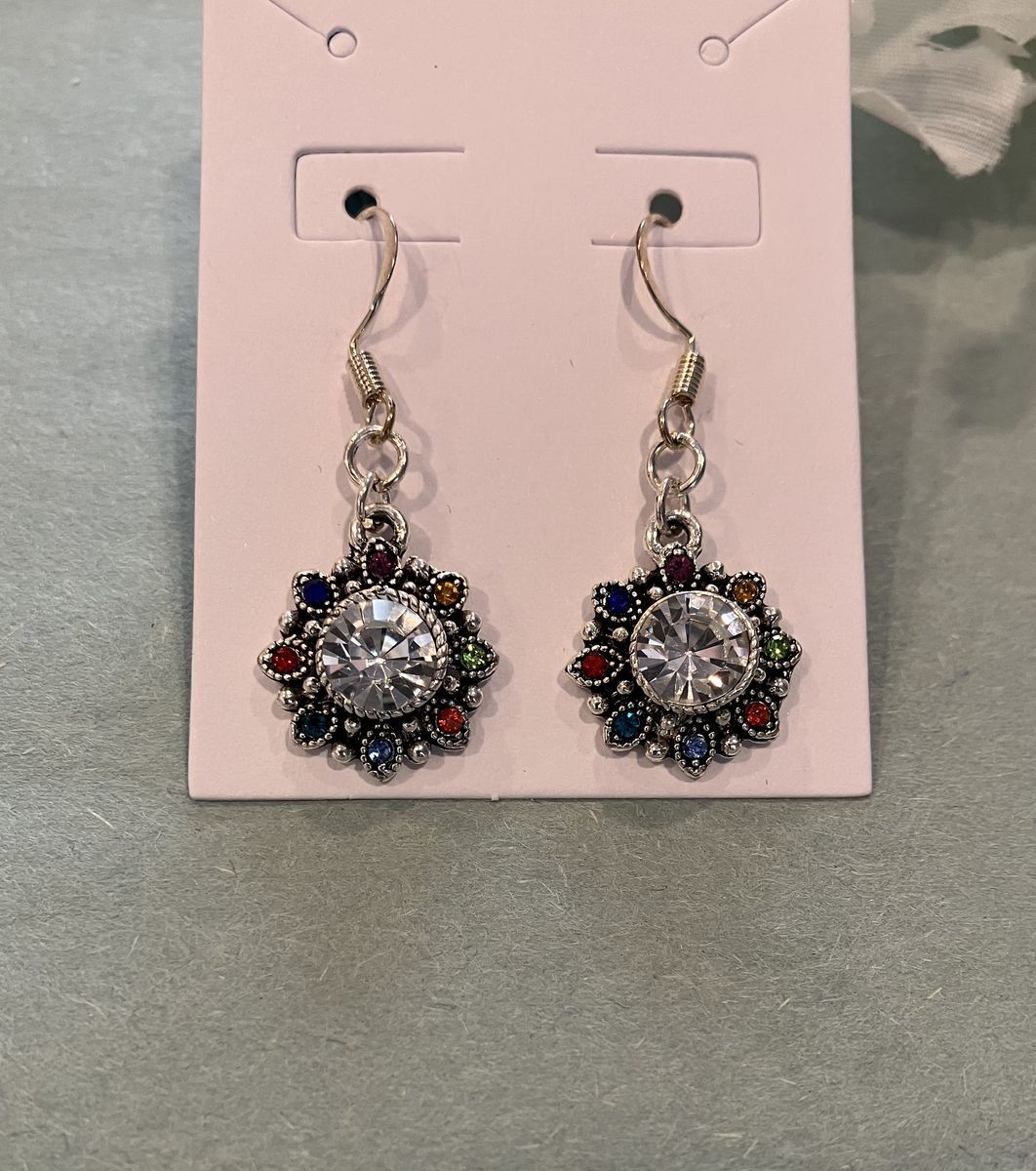 Flower Rhinestone & Silver Dangle Earrings