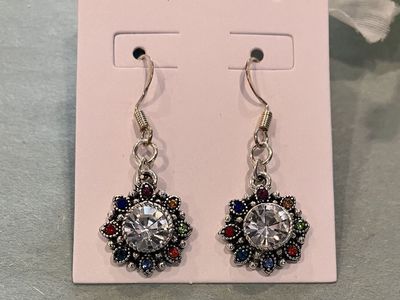 Flower Rhinestone & Silver Dangle Earrings