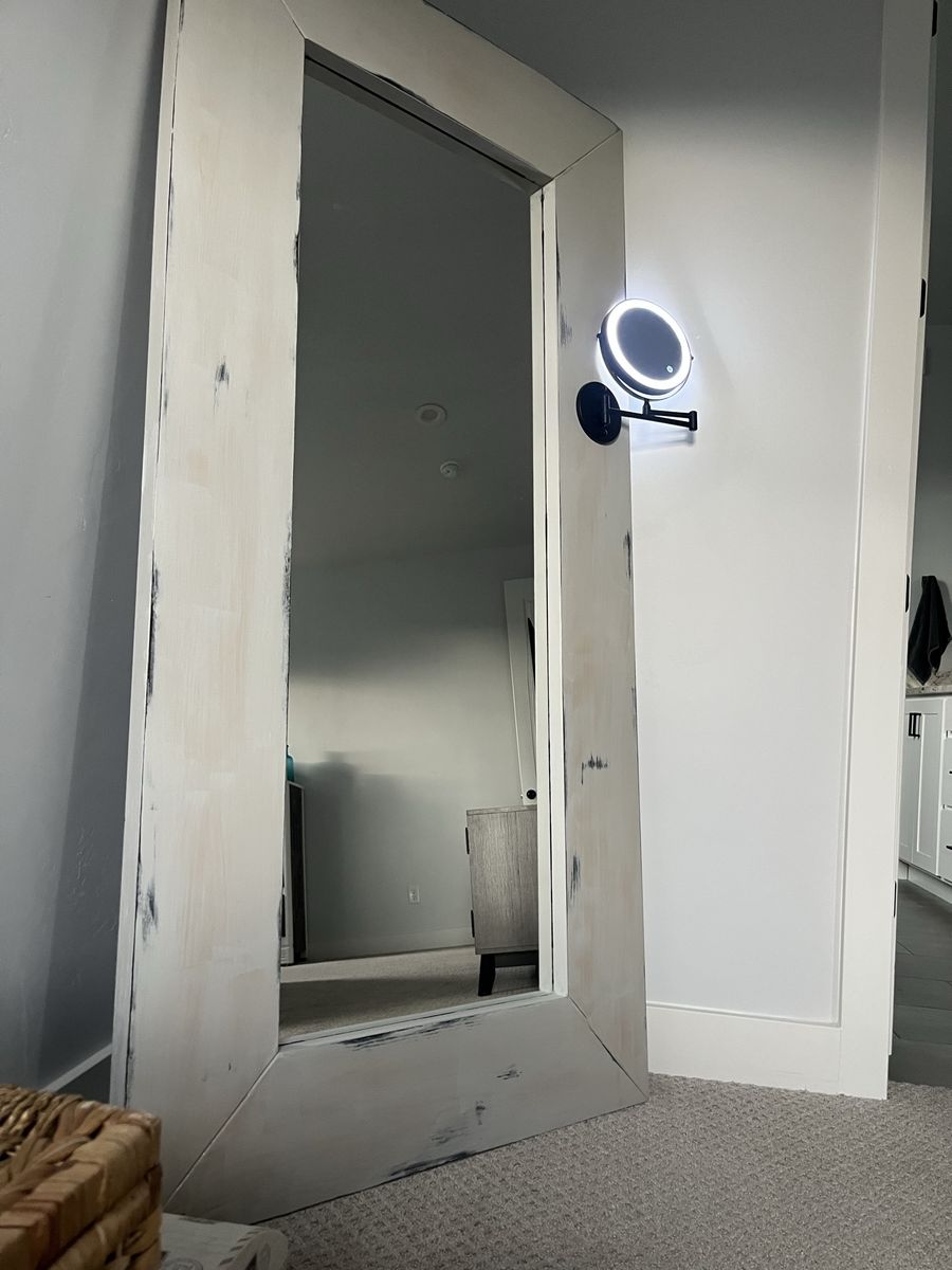 Oversized Solid Wood Floor Mirror Distressed Light Gray with Detachable Light up Makeup Mirror