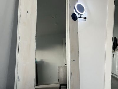 Oversized Solid Wood Floor Mirror Distressed Light Gray with Detachable Light up Makeup Mirror