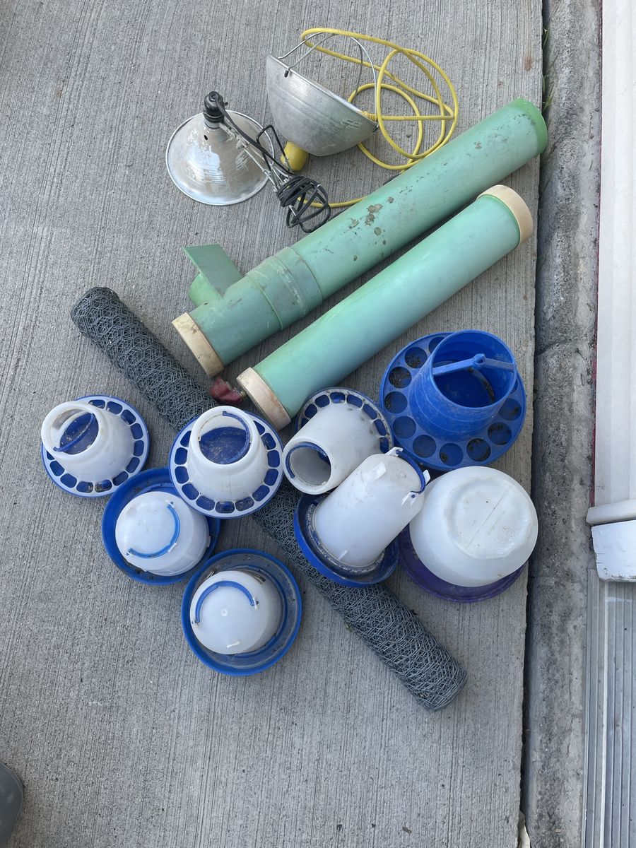 Assorted Poultry Supplies: Feeders, Waterers, Heat Lamps, and Chicken Wire
