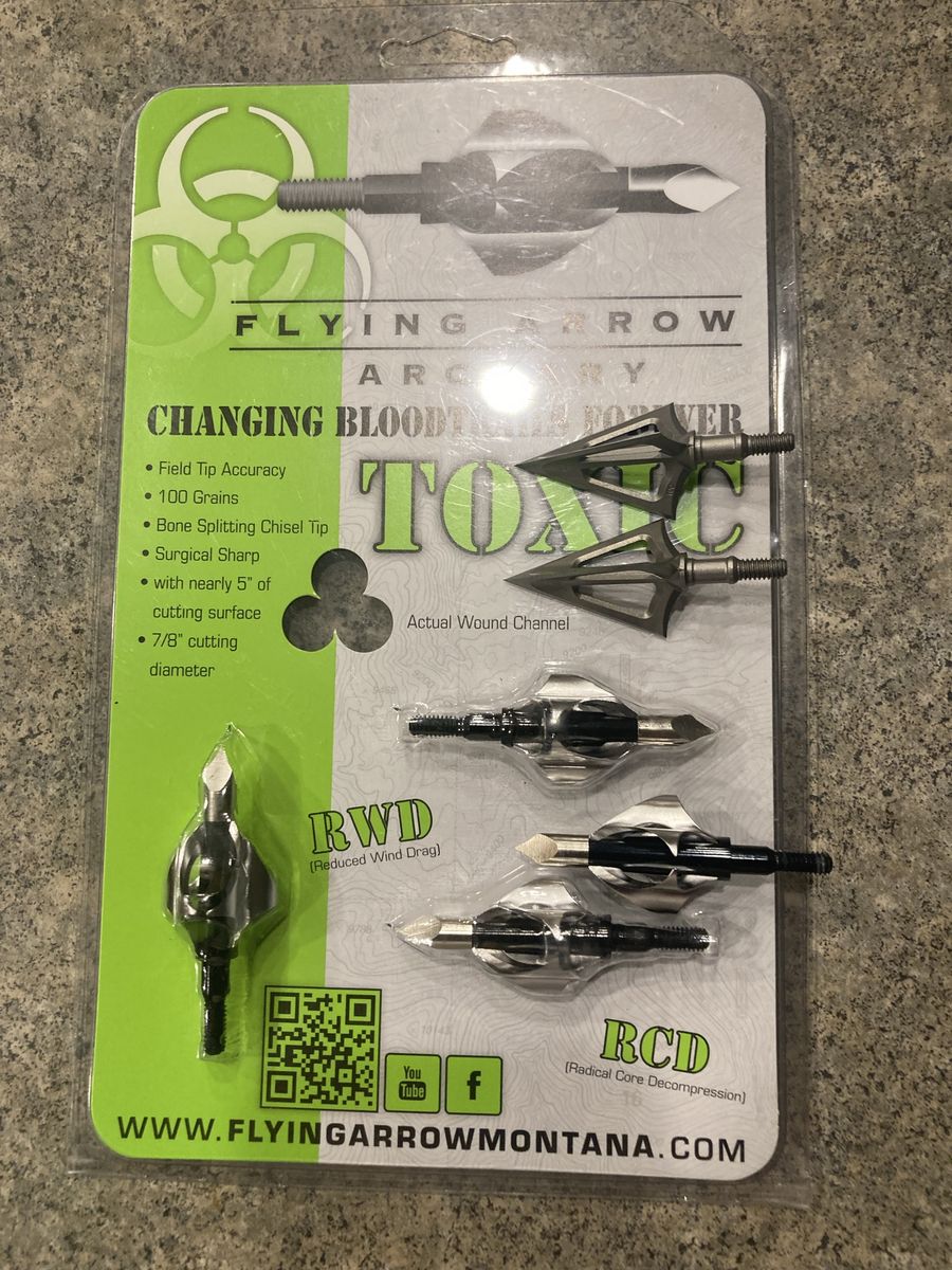 Flying Arrow Archery Toxic Broadheads - 100 Grains, Surgical Sharp, 7/8" cut and G 5 Montec new