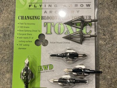 Flying Arrow Archery Toxic Broadheads - 100 Grains, Surgical Sharp, 7/8" cut and G 5 Montec new
