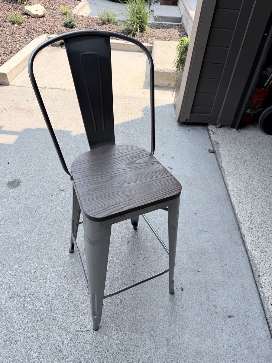 Industrial Metal Counter Stool with Dark Wood Seat