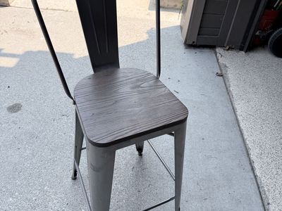 Industrial Metal Counter Stool with Dark Wood Seat