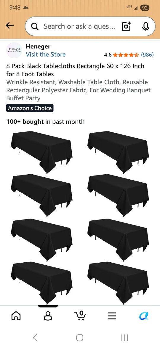 8-Pack Black 60x126 inch Rectangular Polyester Tablecloths, Wrinkle Resistant & Washable