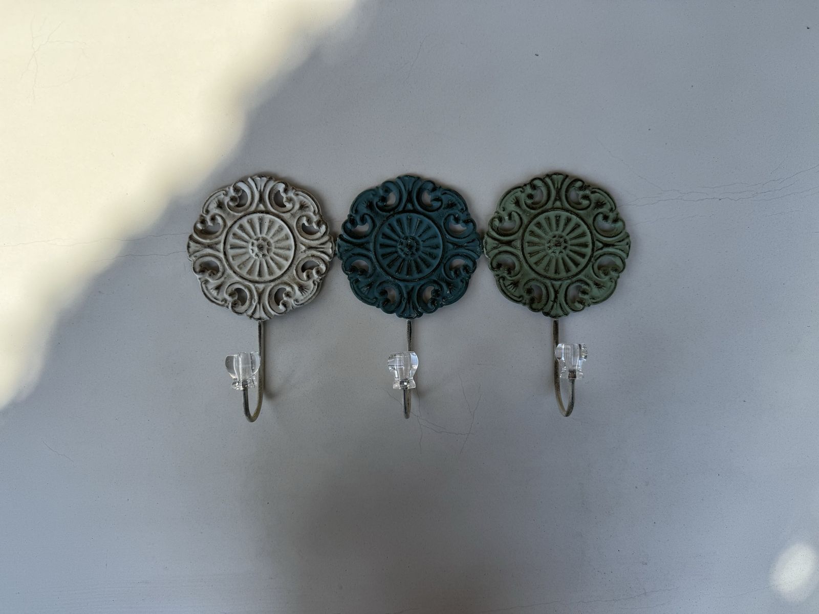 Decorative Wall Hooks, Set of 3 Assorted Medallion Design Hangers with Clear Knobs