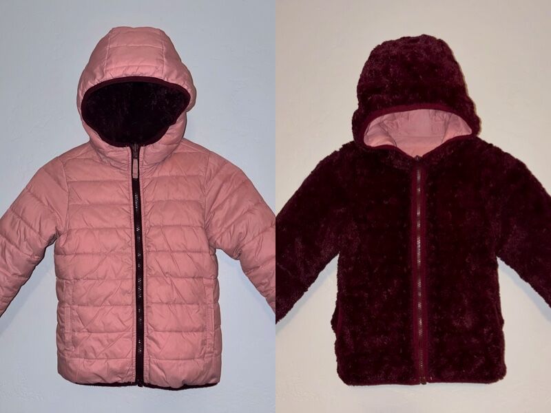 Lands' End Girl's Hooded Reversible Coat - Pink Puffer and Burgundy Faux Fur - Size Medium (5/6)