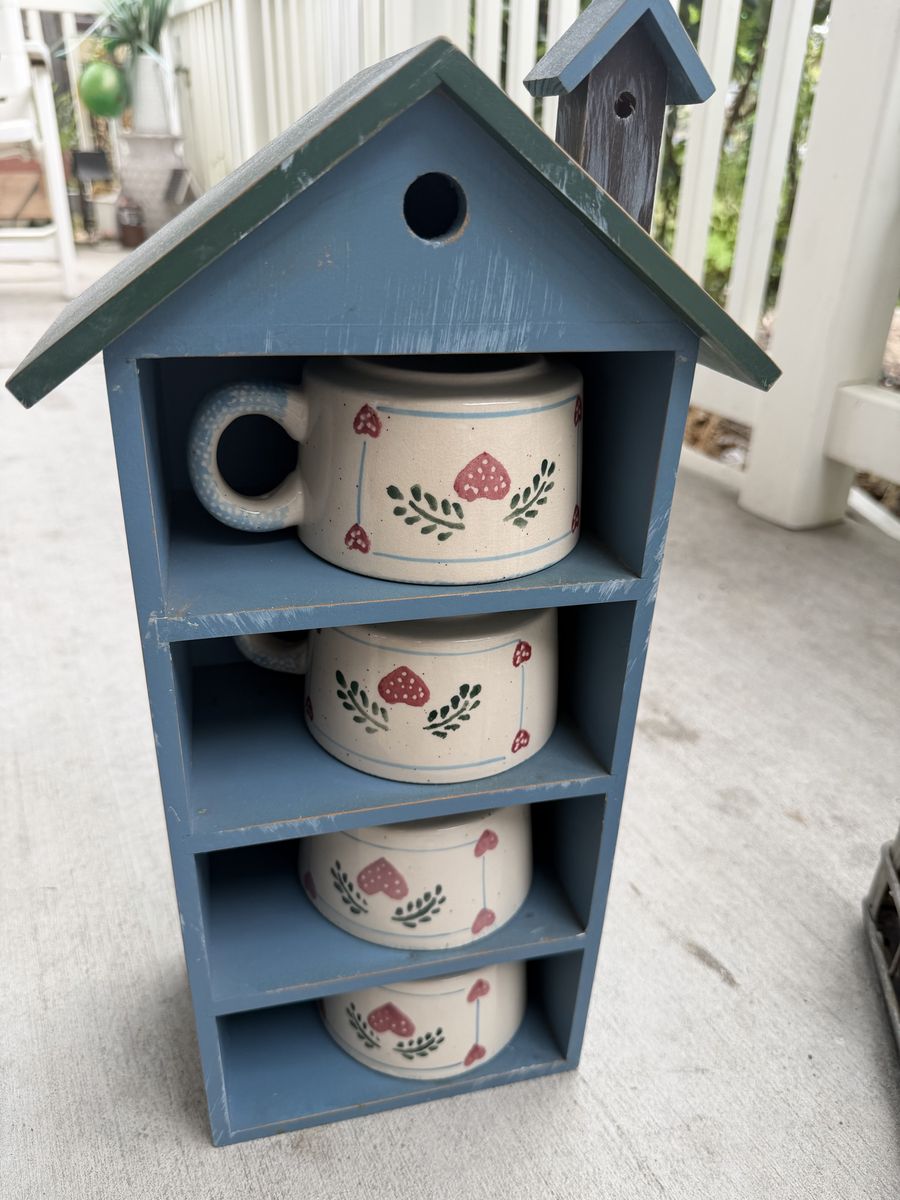 Mushroom Crock Mugs with Blue Birdhouse Shelf Holder - Set of 4 Mugs and Storage Rack