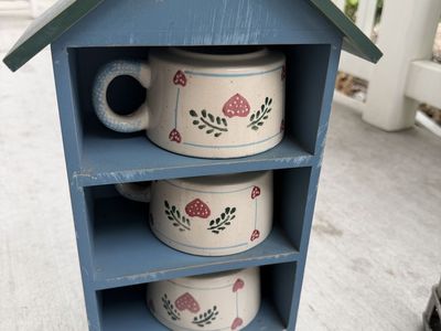 Mushroom Crock Mugs with Blue Birdhouse Shelf Holder - Set of 4 Mugs and Storage Rack
