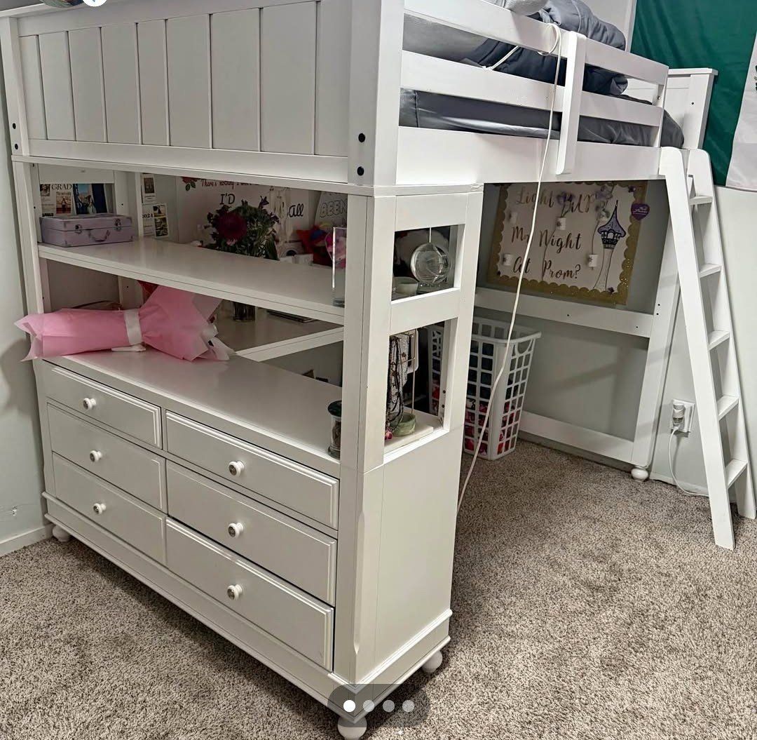 White Wood Twin Loft Bed with Desk and Dresser Combo - Space-Saving Bedroom Furniture