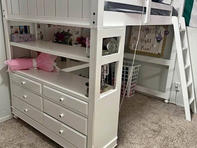 White Wood Twin Loft Bed with Desk and Dresser Combo - Space-Saving Bedroom Furniture