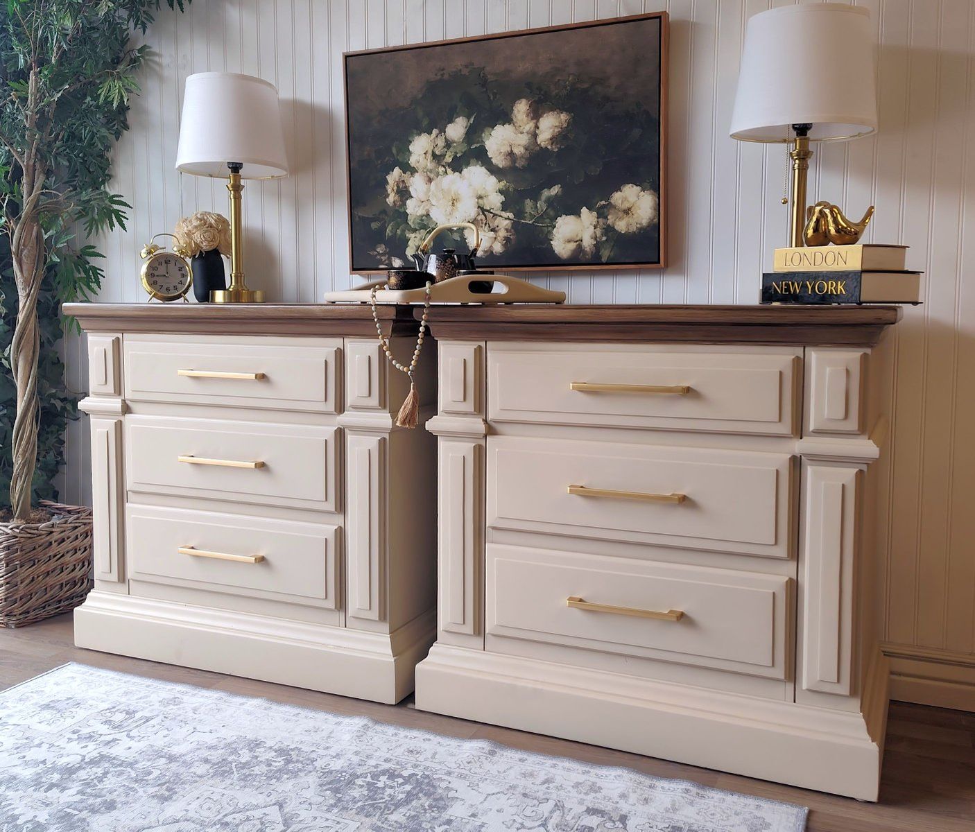 XL Beige & Walnut 3 Drawer Nightstands
