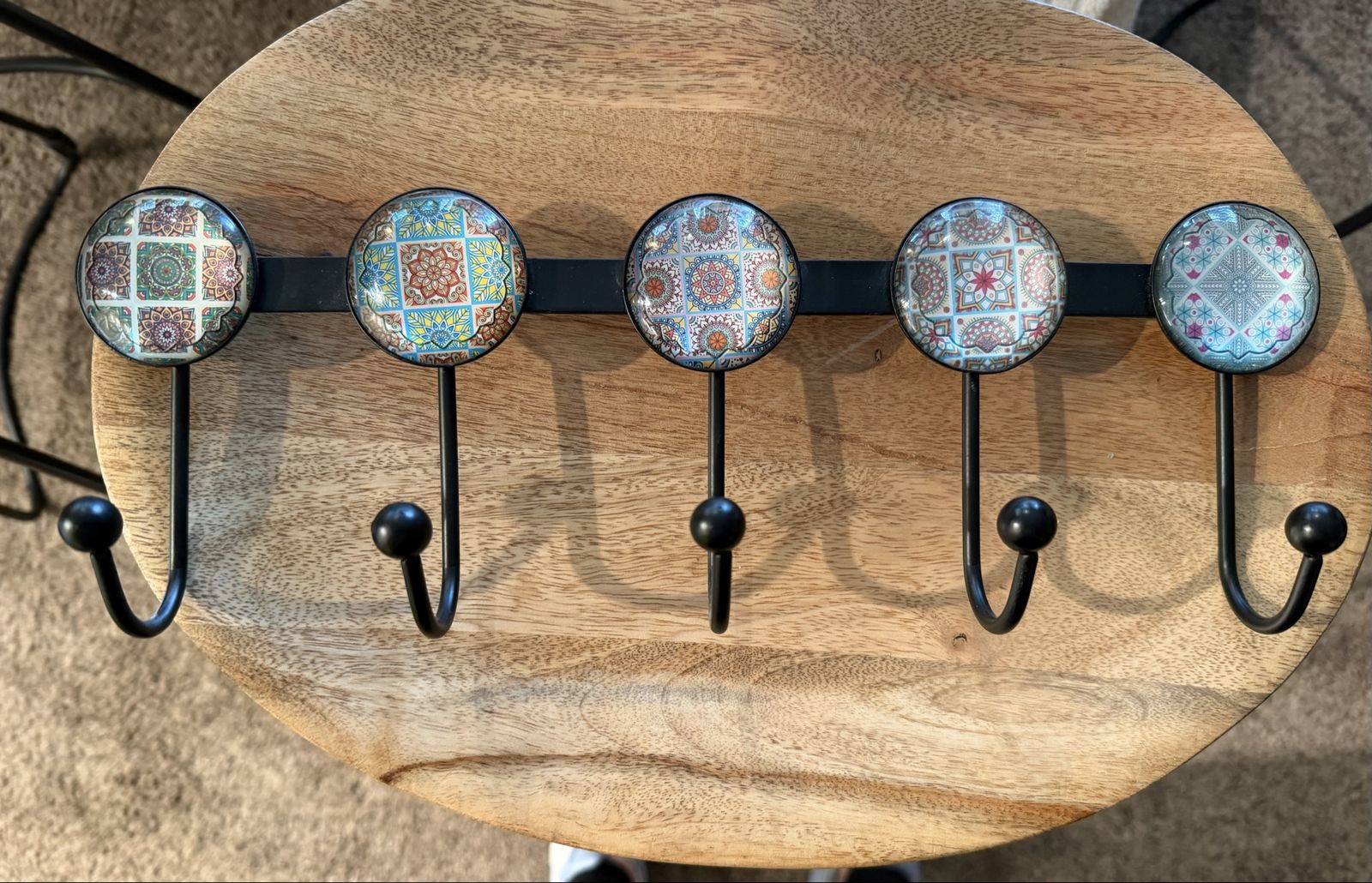 Decorative Wall Mounted Coat Rack with 5 Hooks or key holder.  - Black Metal & Patterned  Moroccan Cabochons