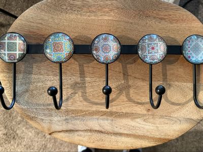 Decorative Wall Mounted Coat Rack with 5 Hooks or key holder. - Black Metal & Patterned Moroccan Cabochons