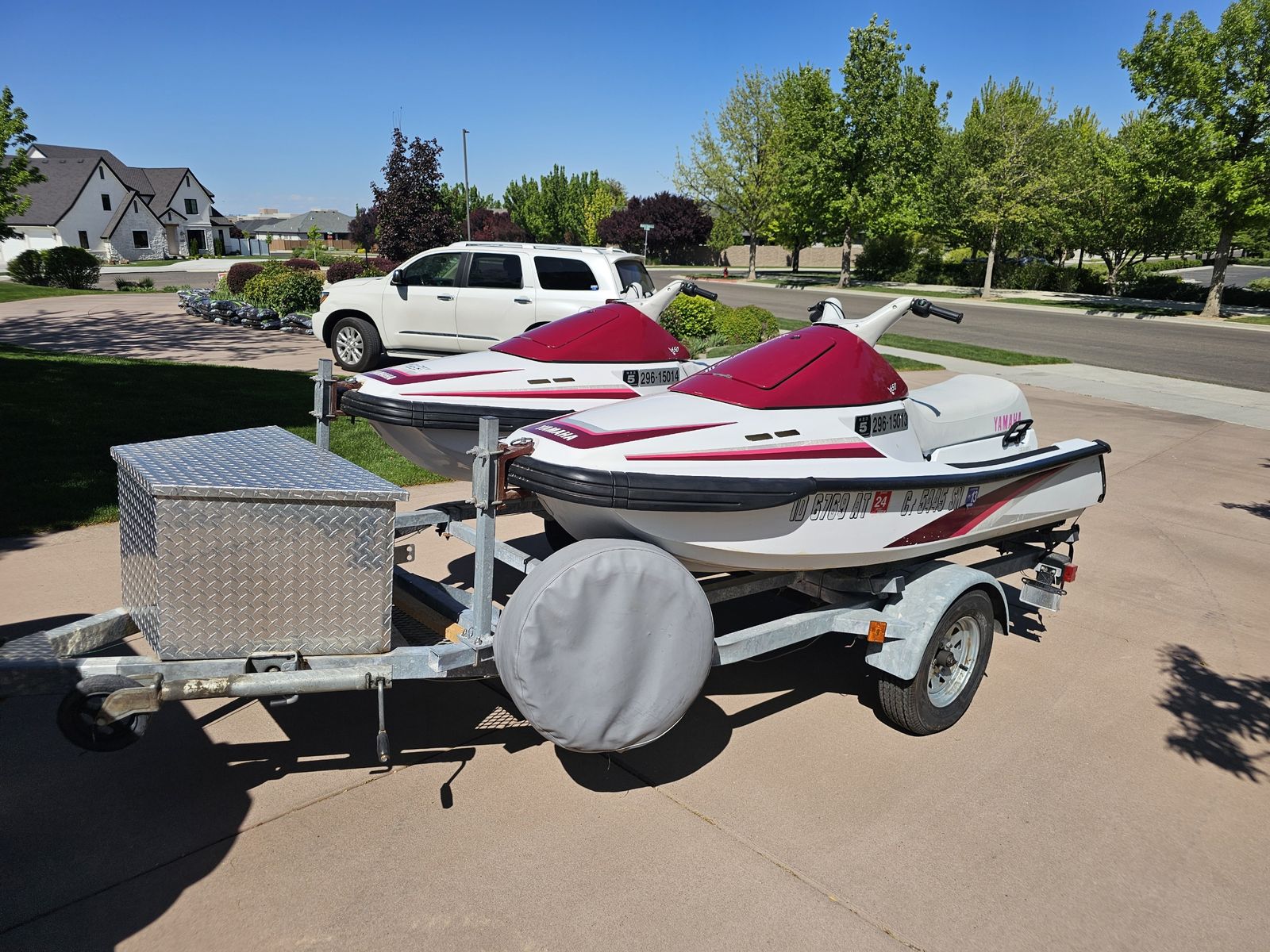 2 Yamaha WaveRunner III Jet Skis w/ Trailer, Storage Box & Dollies