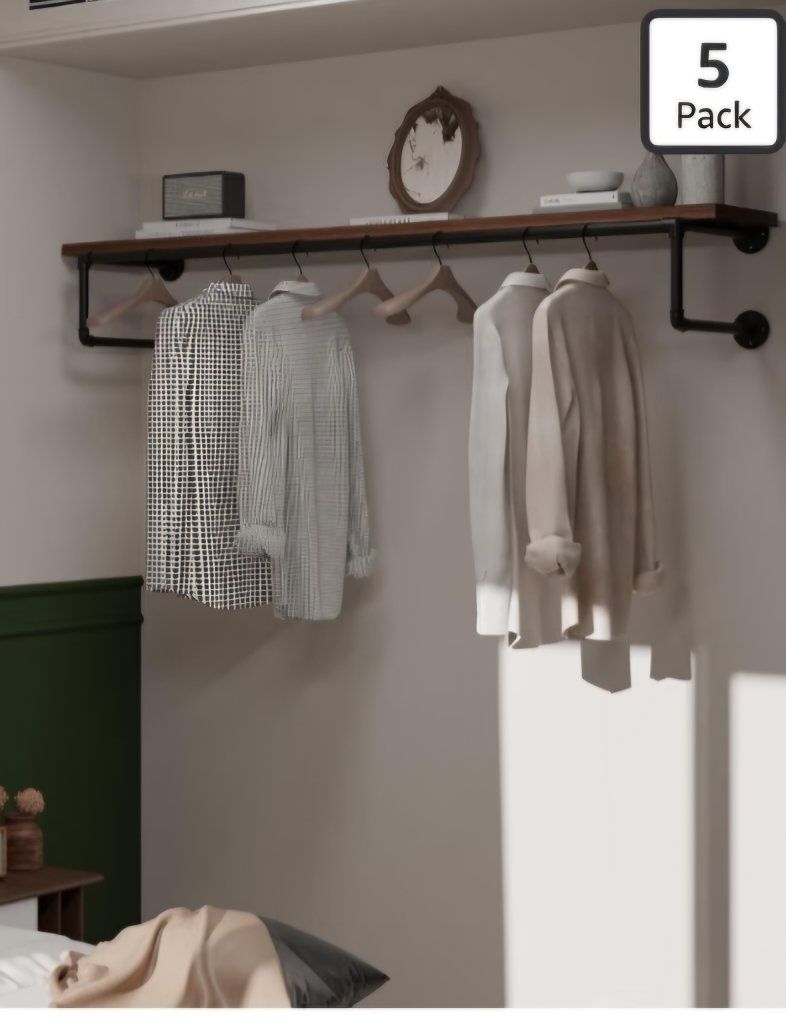 Clothes Rack 60in, Wall Mounted Garment Racks with Real Walnut Wood Shelf, Heavy Duty Hanging Clothes Rack, Multi-Purpose Hangin