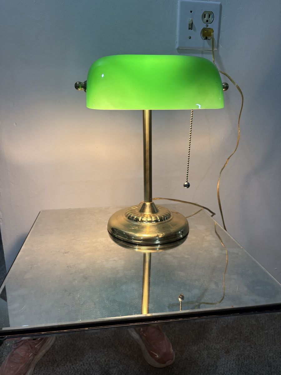 Vintage Brass Banker's Lamp with Green Glass Shade