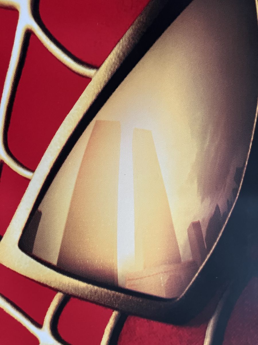 spider-Man 2002 silk screen 8' by 3' hangs from the Empire State building with the twin towers reflecting in his eyes very rare