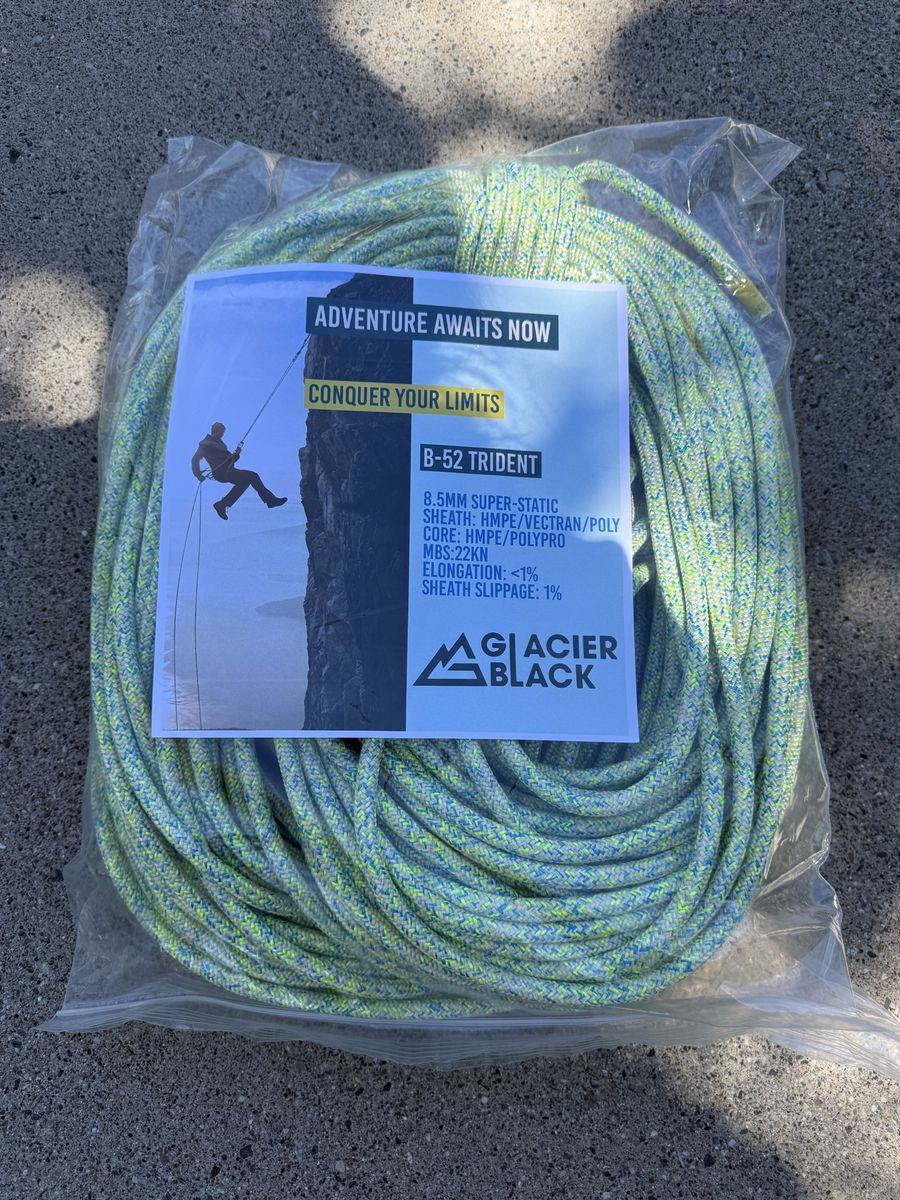 Glacier Black B-52 Trident 8.5mm Super-Static Climbing Rope - New