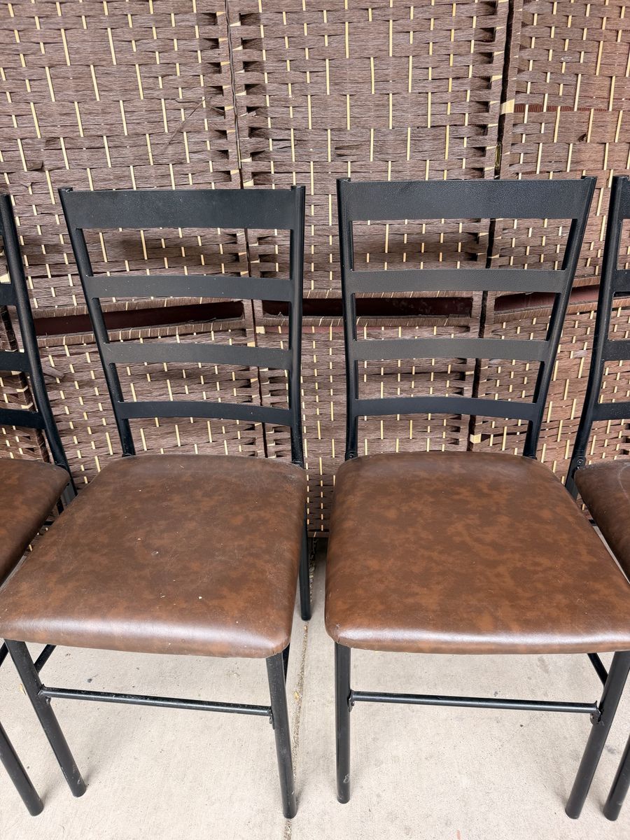 Set of 4 Black Metal Frame Dining Chairs with Brown Faux Leather Upholstered Seats