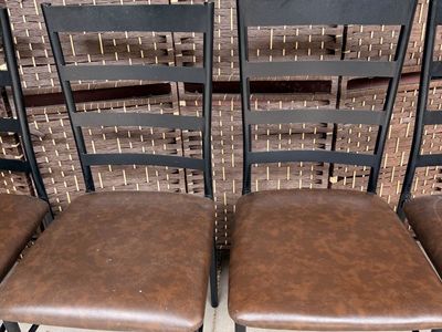Set of 4 Black Metal Frame Dining Chairs with Brown Faux Leather Upholstered Seats