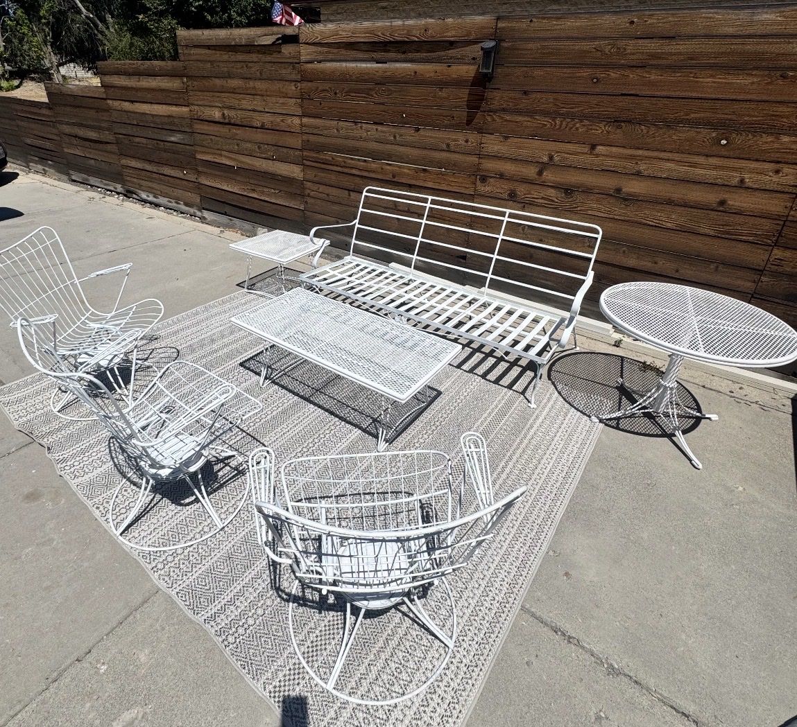 Vintage Mid-Century Wrought Iron 7-Piece Patio Furniture Set - White, Freshly Painted