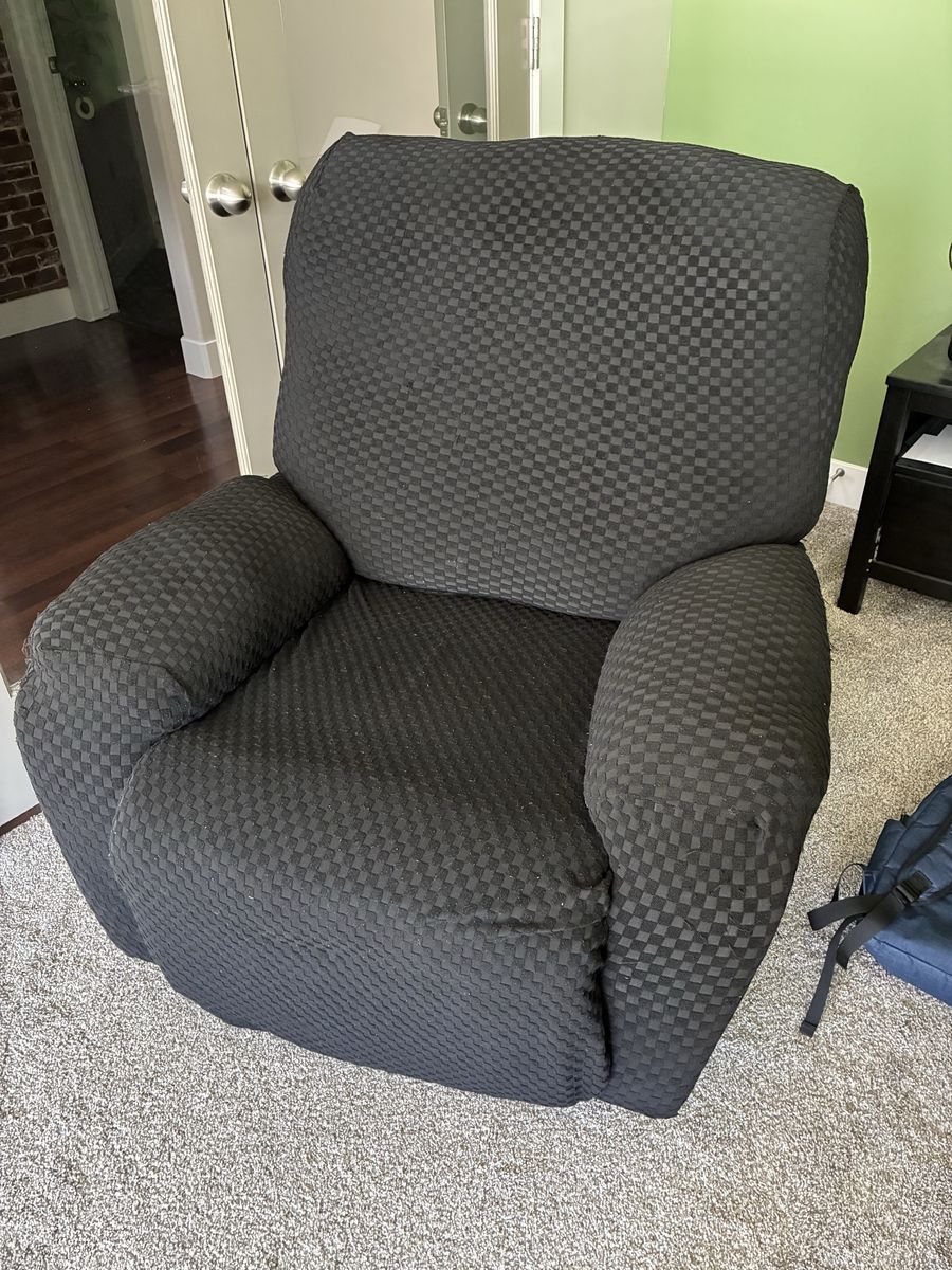 Black Recliner (Faded Brown Faux Leather) with Textured Cover Used Good Condition