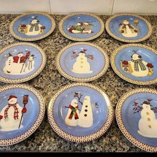 Sakura Debbie Mumm Snowman Dinner Plates, 10-Piece Set, Blue & White Holiday Tableware