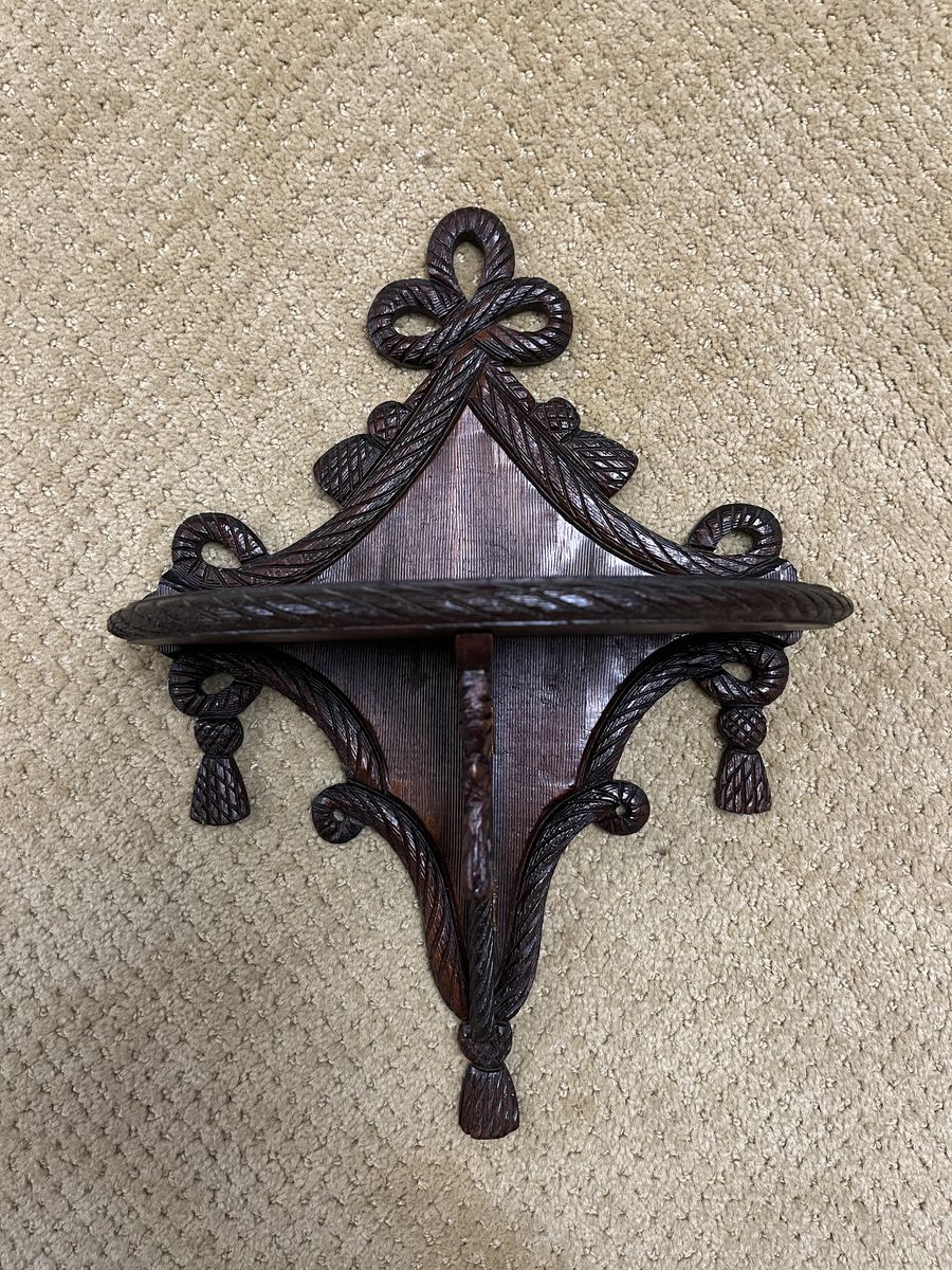 Antique Carved Walnut Wood Folding Wall Shelf, with Tassels