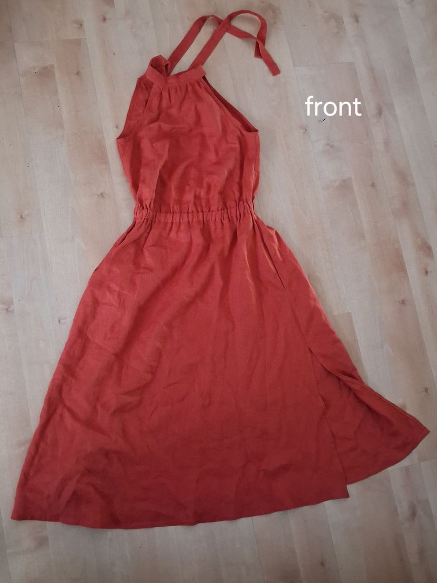 Linen Handmade Studio 100% Linen Rust Terracotta Tie back Midi Dress S