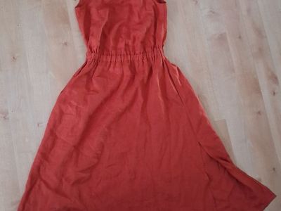 Linen Handmade Studio 100% Linen Rust Terracotta Tie back Midi Dress S